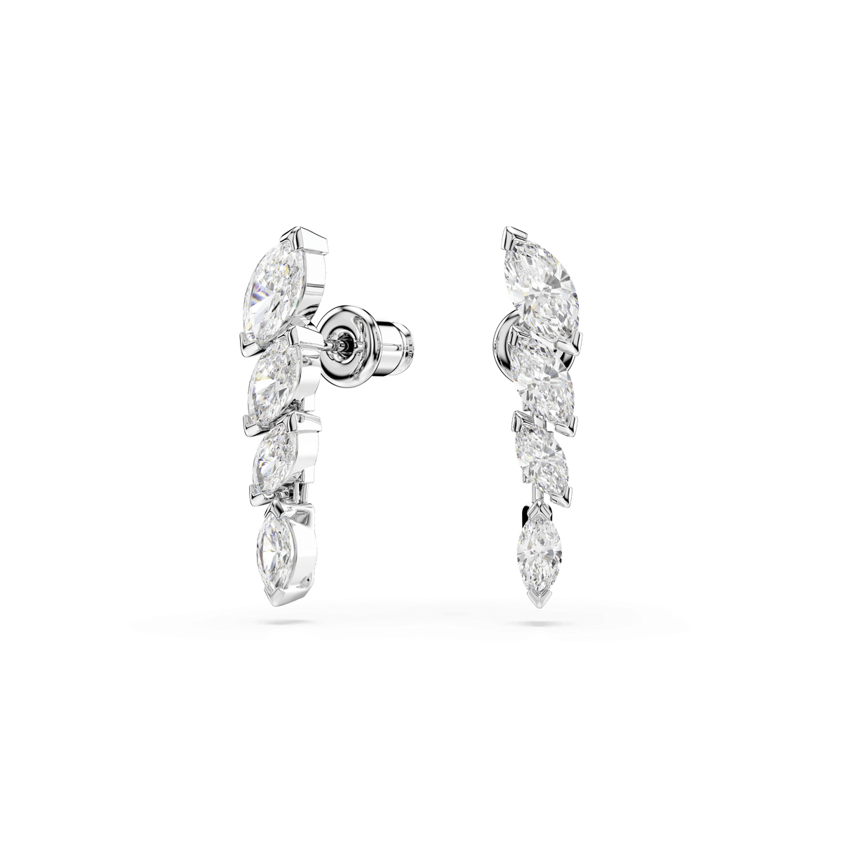 The Swarovski Mesmera earrings by Swarovski feature five marquise-cut white stones each, elegantly arranged in a gentle vertical curve and finished with rhodium plating. Displayed against a plain white background, these earrings are an eye-catching jewelry piece that beautifully reimagines classic silhouettes.