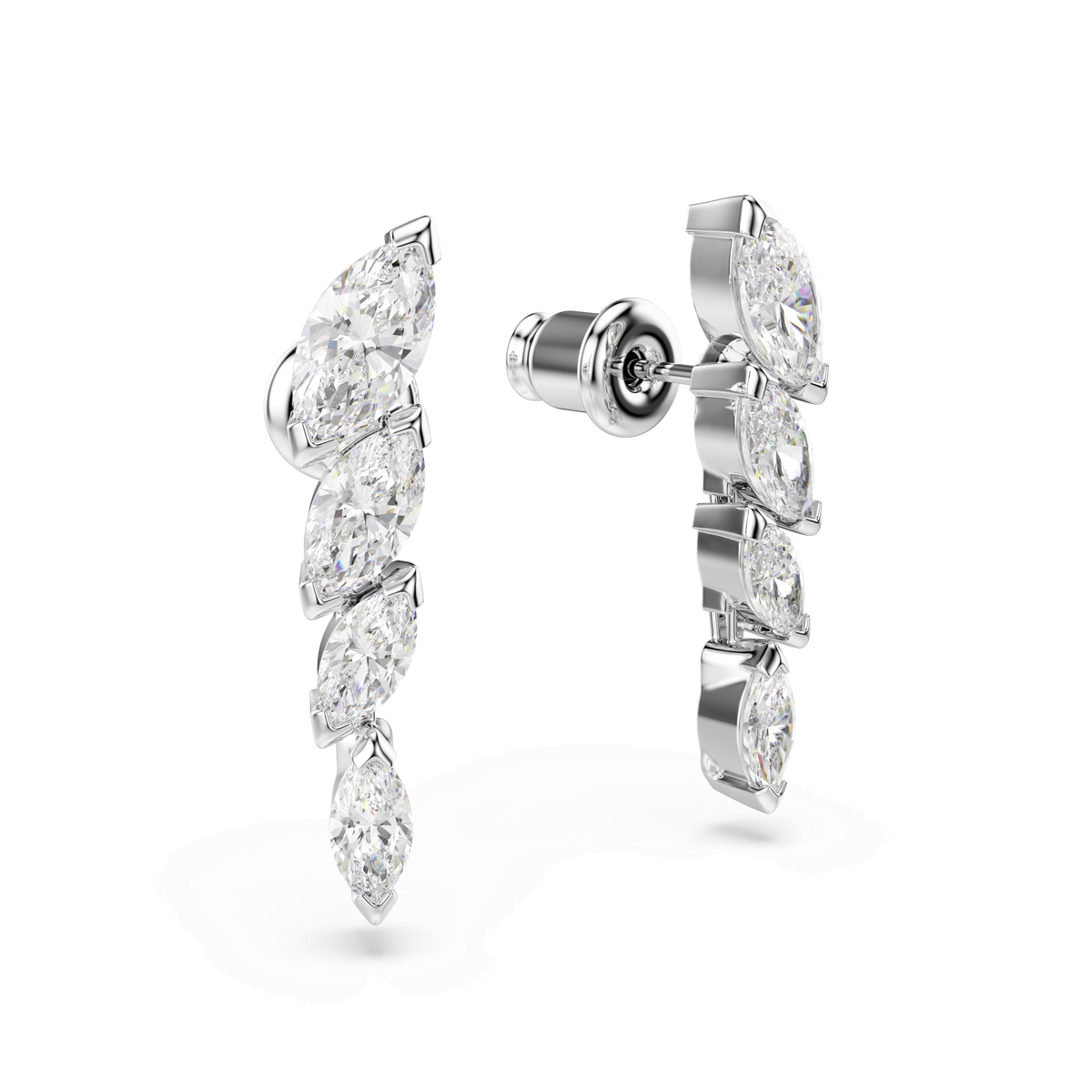 A pair of Swarovski Mesmera earrings in rhodium plating, featuring four vertically stacked marquise-cut white stones for a classic silhouette. One earring is displayed from the front, while the other shows the side and back post against a white background.