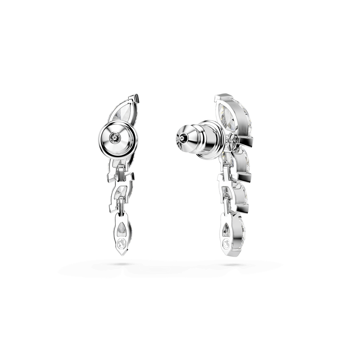 A pair of Swarovski Mesmera earrings, featuring dazzling Marquise-cut white stones in geometric, interlocking shapes and finished with rhodium plating, displayed from two angles on a plain white background—ideal for those seeking eye-catching jewelry.