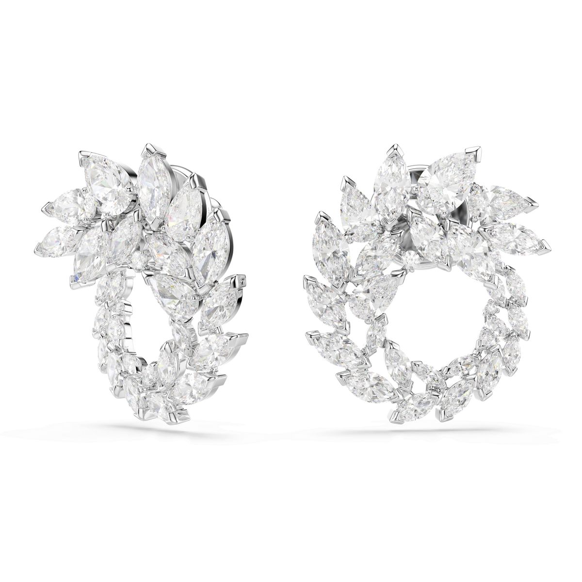 A pair of Swarovski Mesmera hoop earrings, crafted in rhodium-plated metal and adorned with clusters of marquise-cut white Swarovski Zirconia in a leafy, floral design, displayed on a plain white background.
