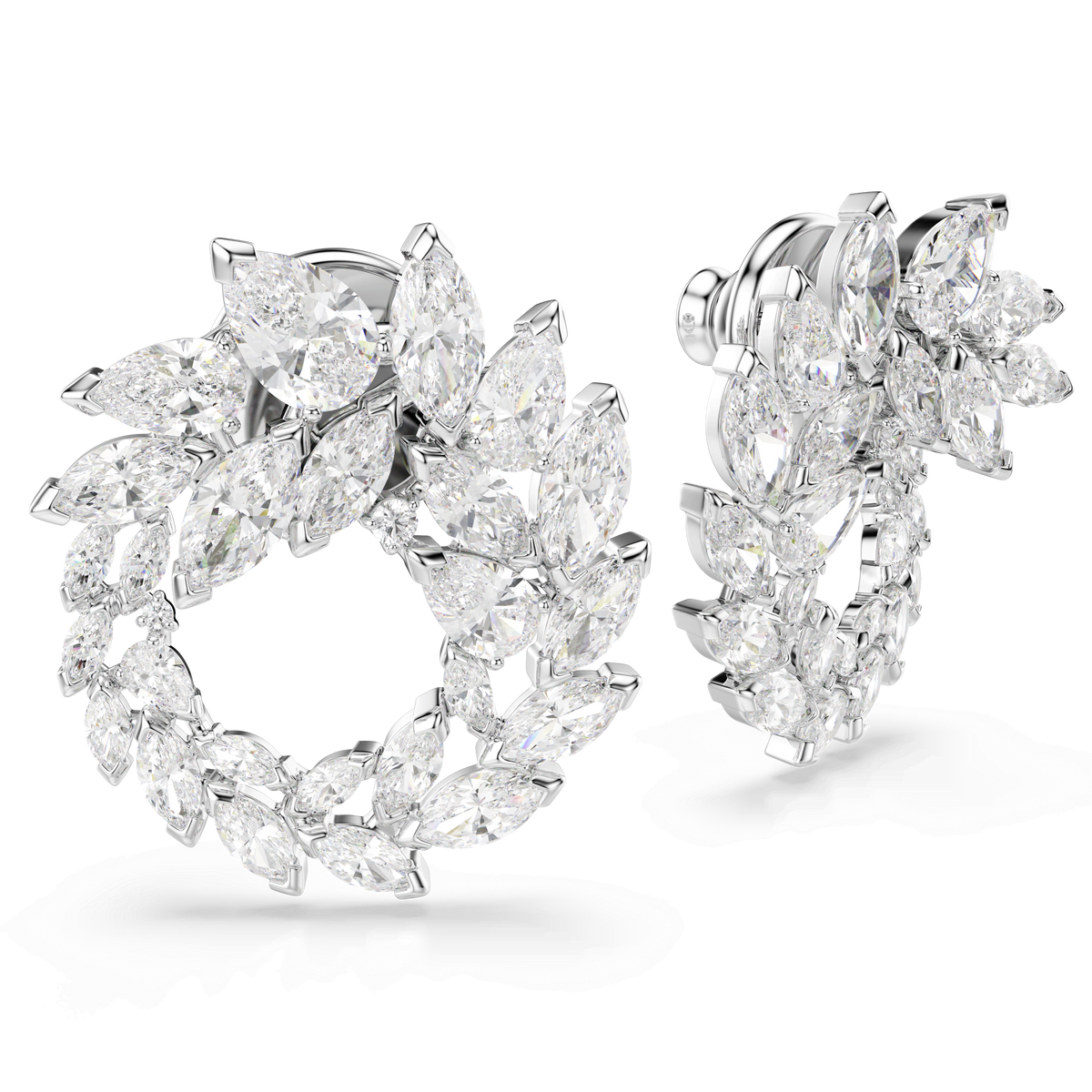 A pair of Swarovski Mesmera hoop earrings by Swarovski, featuring a wreath-like arrangement of multiple marquise-cut Swarovski Zirconia gemstones, crafted in white rhodium-plated metal.