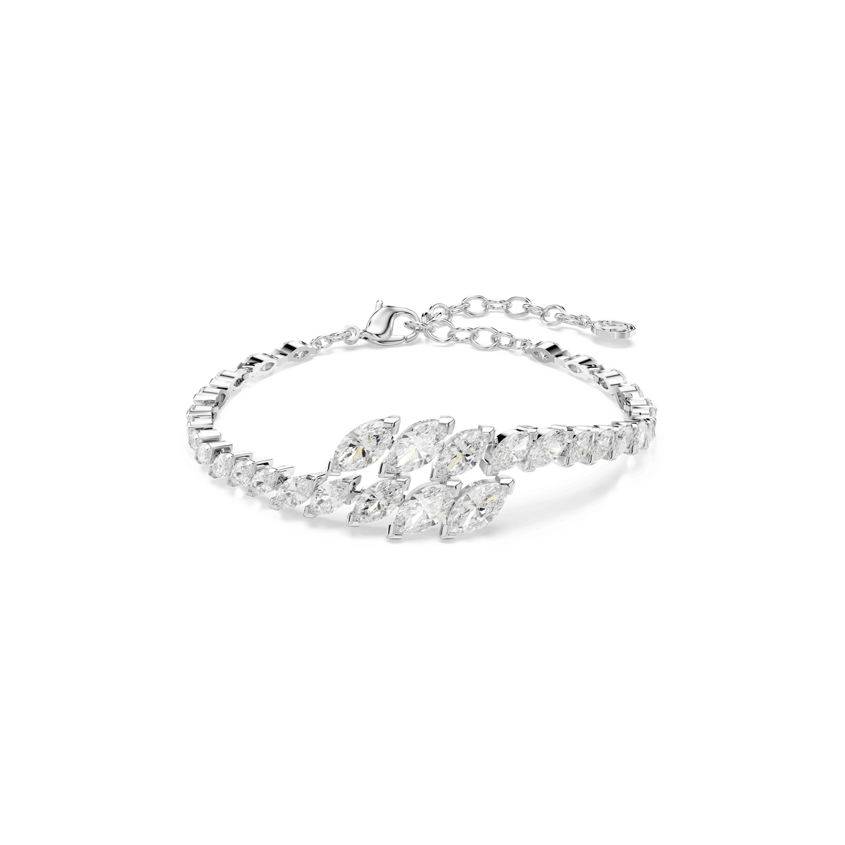Swarovski’s Mesmera bracelet features a stunning row of marquise-cut white Swarovski Zirconia gemstones arranged in an elegant, leaf-inspired pattern, finished with rhodium plating and an adjustable chain clasp, all showcased against a white background.