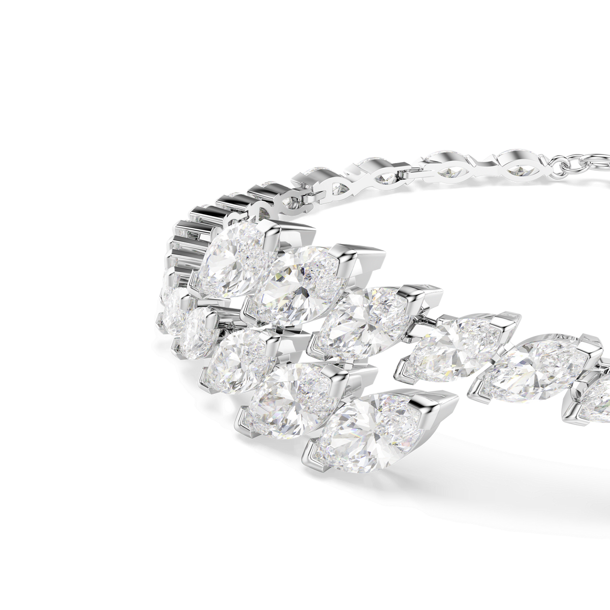 Close-up of the Swarovski Mesmera bracelet, showcasing two rows of large, clear marquise-cut Swarovski Zirconia set in geometric patterns with a rhodium-plated finish, displayed against a white background.