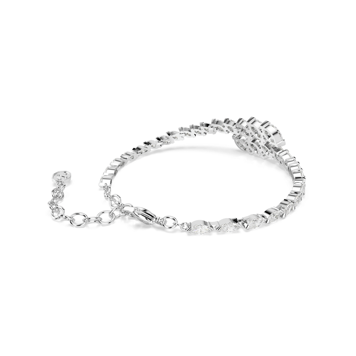 Showcased against a white background, the Swarovski Mesmera bracelet by Swarovski features dazzling marquise-cut Swarovski Zirconia accents and a rhodium-plated finish. Complete with a chain extender, its delicate and refined design embodies modern elegance—making it ideal for both formal occasions and everyday wear.