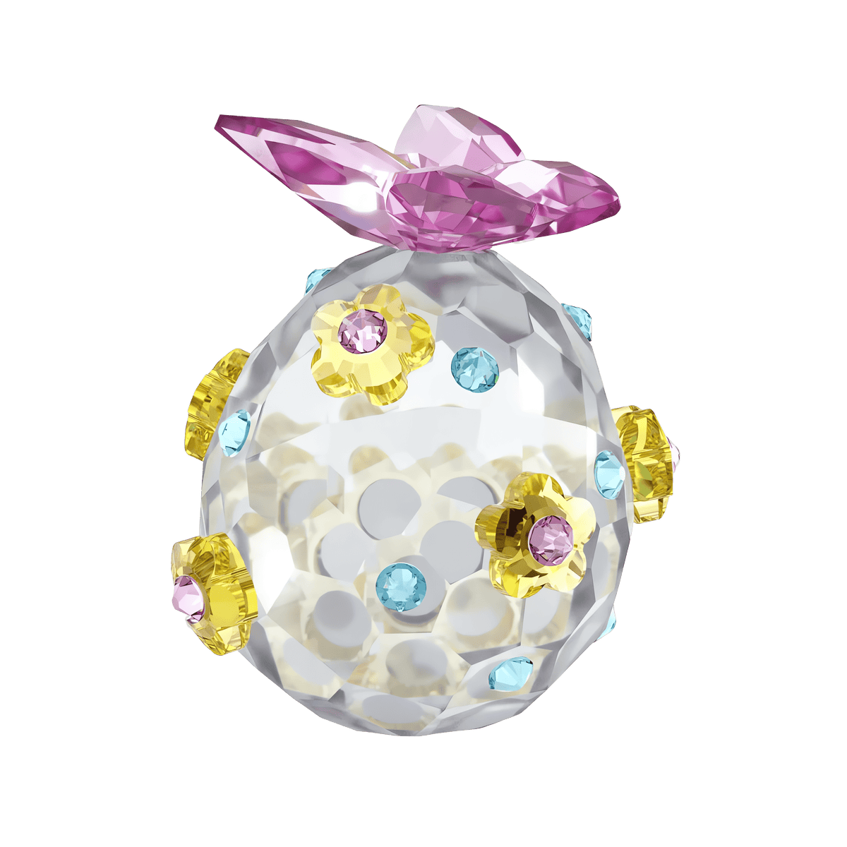 The Swarovski Idyllia Egg Annual Edition 2026 (Style Number) by Swarovski is a faceted crystal egg decorated with yellow and pink flower-shaped gems, blue circular gems, and finished with a pink crystal leaf—a striking collector’s piece offered by Swarovski Canada.