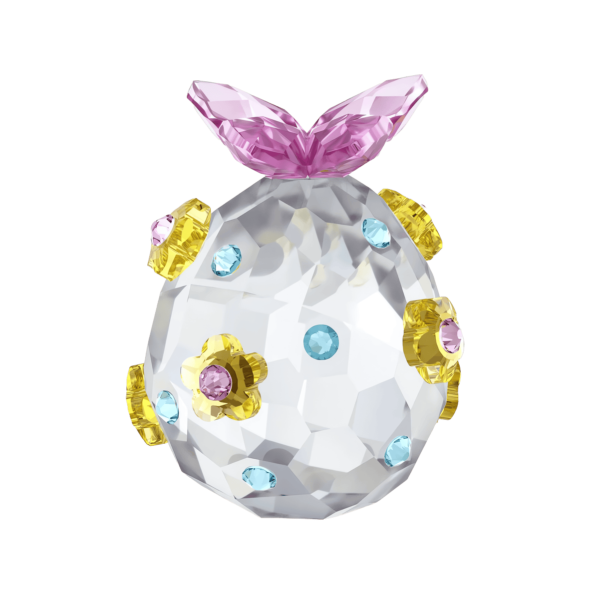 A Swarovski Idyllia Egg Annual Edition 2026 (Style Number) by Swarovski, featuring a faceted crystal egg adorned with yellow, pink, and blue gemstone accents and finished with a pink crystal bow, presented on a plain white background.