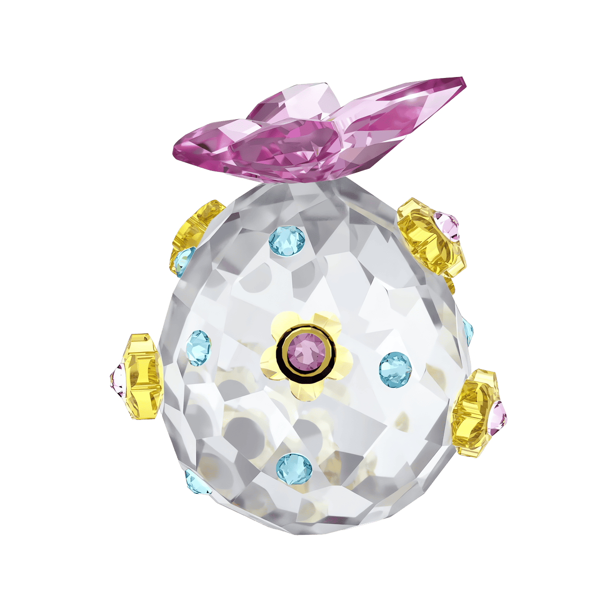 A dazzling, faceted crystal egg embellished with blue, yellow, and pink gem-like accents and crowned with a large pink crystal forming a wing or leaf motif—this Swarovski Idyllia Egg Annual Edition 2026 Style Number is an exclusive offering from Swarovski Canada.
