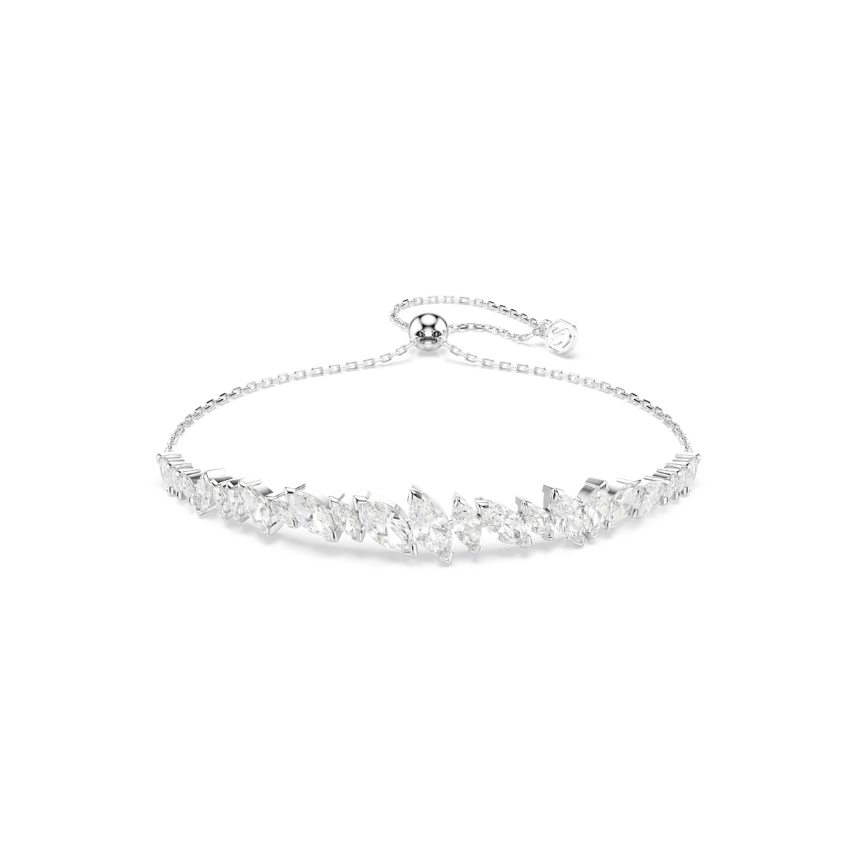 Introducing the Swarovski Mesmera bracelet: an effortlessly elegant statement piece crafted in rhodium-plated metal and adorned with a graceful row of marquise-cut white Swarovski Zirconia gemstones arranged in a subtle V-shape. Designed by Swarovski, this bracelet features a sleek chain and adjustable clasp, making it perfect for any occasion.