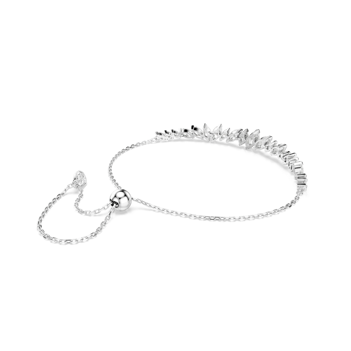 Enhance your personalized style with the Swarovski Mesmera bracelet—a delicate rhodium-plated chain featuring an adjustable sliding clasp and a row of sparkling marquise-cut white stones, crafted by Swarovski for a statement jewelry touch.