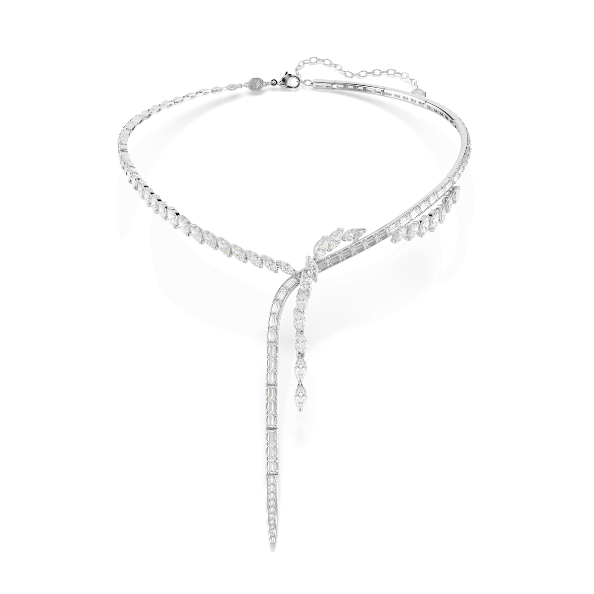 The Swarovski Mesmera Y necklace by Swarovski features a rhodium-plated design with mixed-cut white Swarovski Zirconia, showcasing an elegant and asymmetrical dangling pendant—perfect as refined evening jewelry.