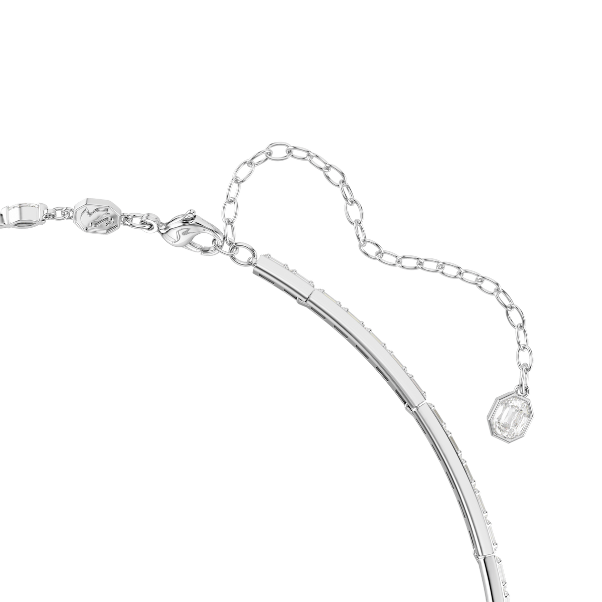 Partial view of the Swarovski Mesmera Y necklace, from Swarovski, featuring a delicate rhodium plated chain with mixed cut geometric charms set with brilliant white Swarovski Zirconia. This elegant evening accessory includes an adjustable extender and secure lobster clasp, displayed against a white background.