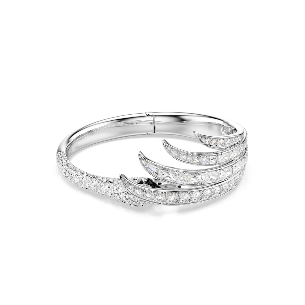 A rhodium-plated bangle from Swarovski’s Vienna Collection, featuring mixed-cut Swarovski Zirconia and a graceful swan motif, displayed against a plain white background.