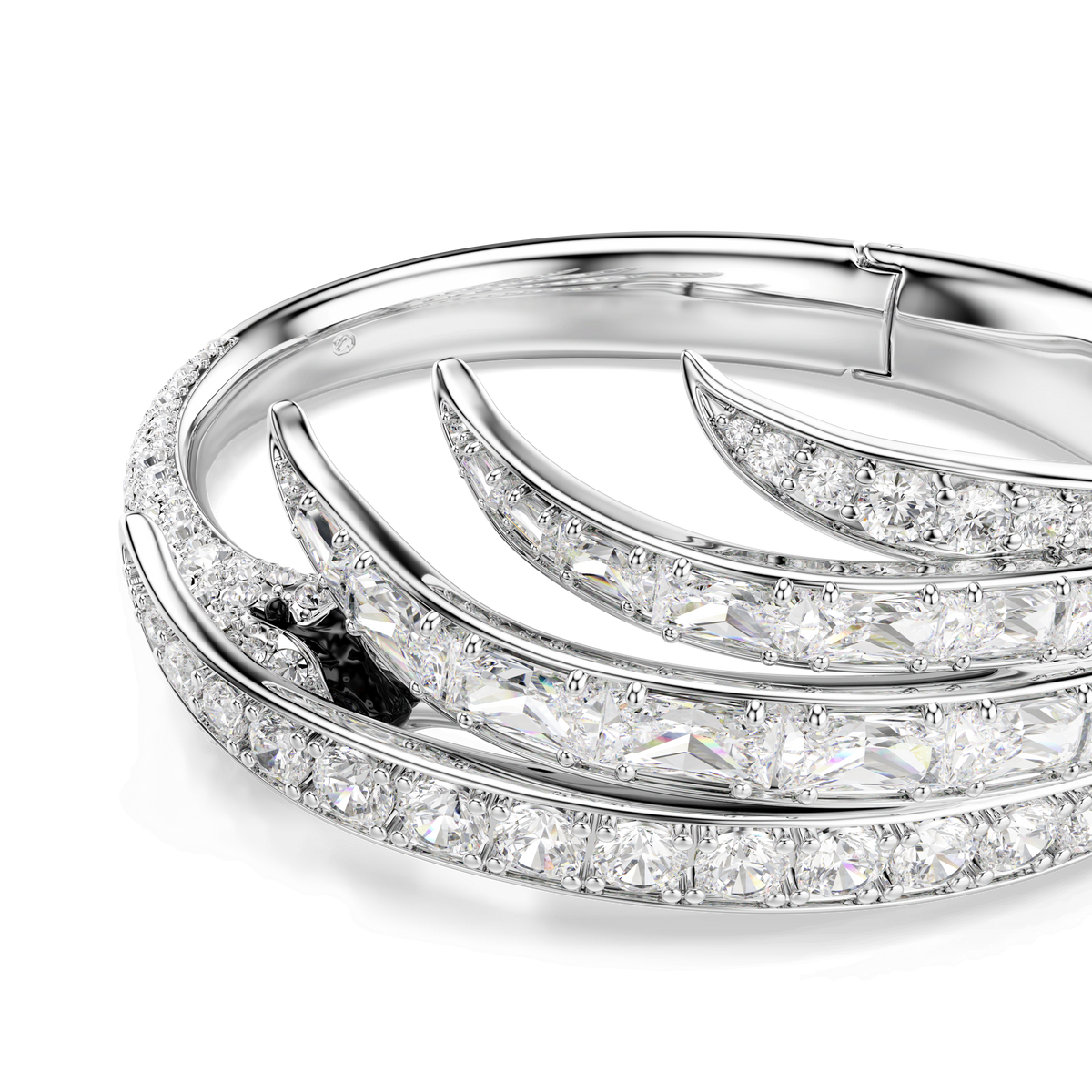 A close-up of the Swarovski Vienna bangle, from the Mixed Cuts collection, featuring sparkling white stones and a signature swan motif in rhodium-plated finish, displayed on a white background.