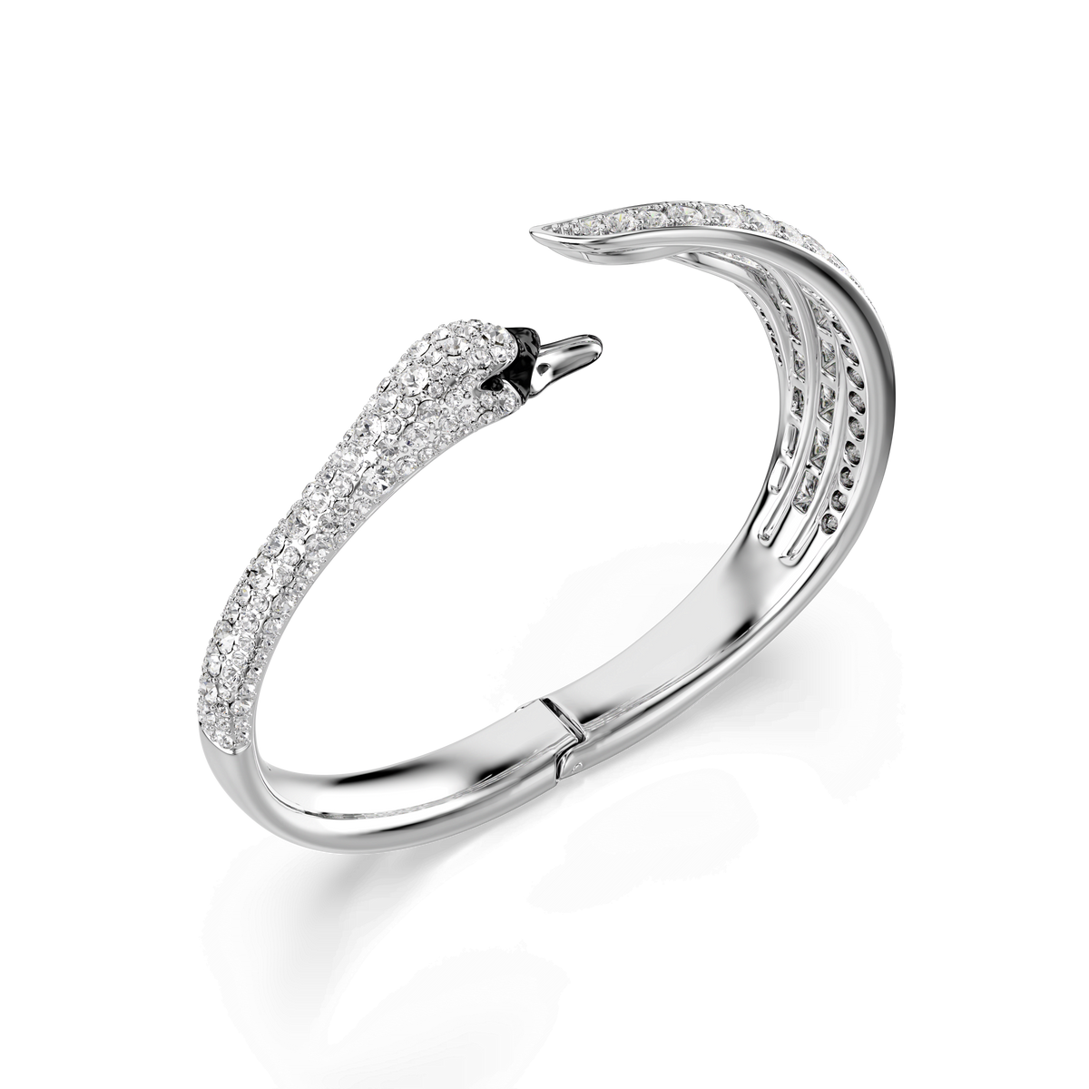 A rhodium-plated bangle from Swarovski’s Vienna Collection, featuring a swan motif with mixed cuts and embellished with sparkling white Swarovski Zirconia stones, displayed against a plain white background.