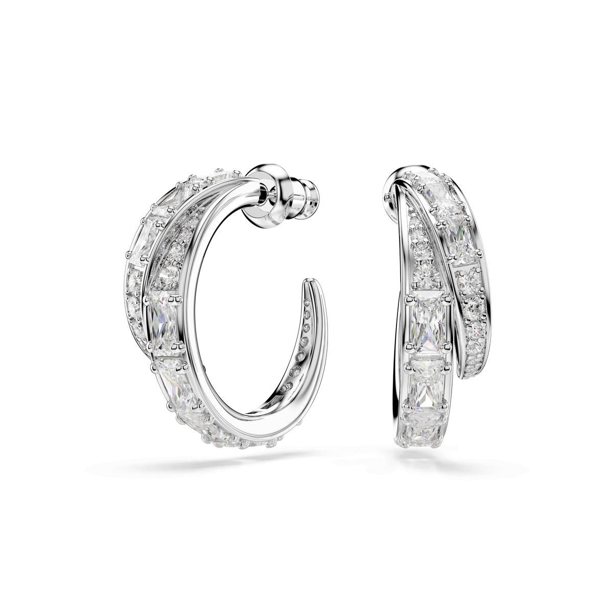 A pair of Swarovski Vienna hoop earrings with mixed rectangular and round white stones crafted from Swarovski Zirconia, rhodium plated, displayed against a plain white background.