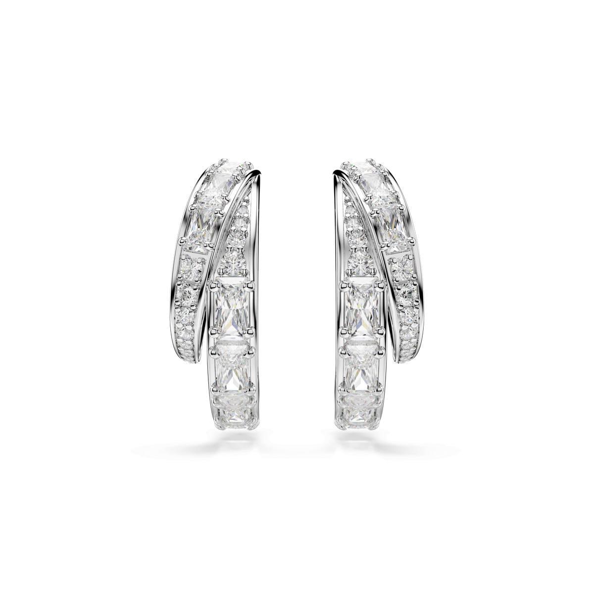 A pair of Swarovski Vienna hoop earrings, featuring mixed-cut white Swarovski Zirconia gemstones and finished with rhodium plating, displayed against a plain white background.