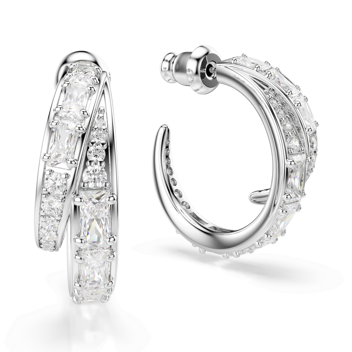 A pair of Swarovski Vienna hoop earrings in white rhodium plating, featuring mixed square and round clear Swarovski Zirconia cuts, displayed from front and side angles against a plain white background.
