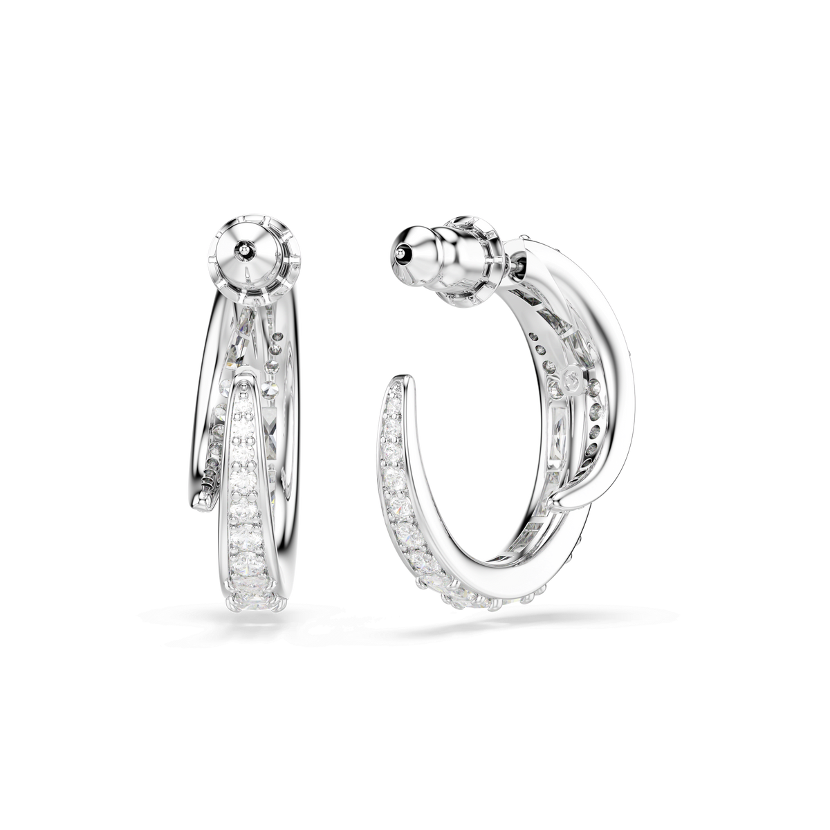 A pair of Swarovski Vienna hoop earrings, featuring mixed cuts of sparkling white stones and rhodium plating, is displayed against a plain white background.