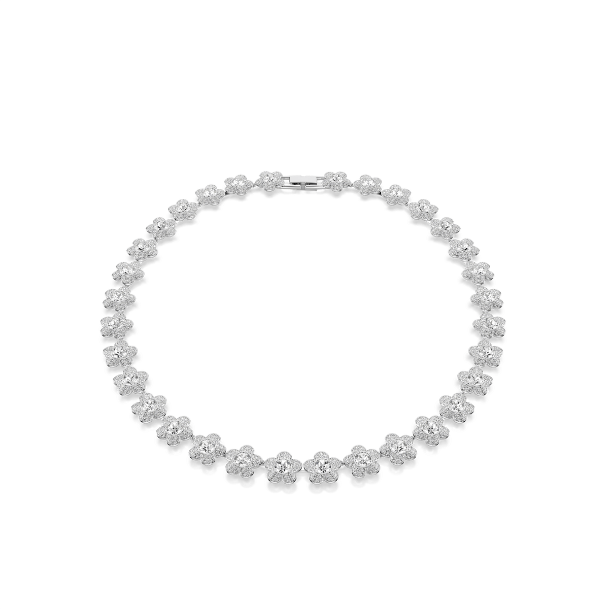 The Swarovski Ariana Grande x Swarovski necklace, crafted with round-cut white stones in a flower motif and finished with rhodium plating, is elegantly displayed on a plain white background.