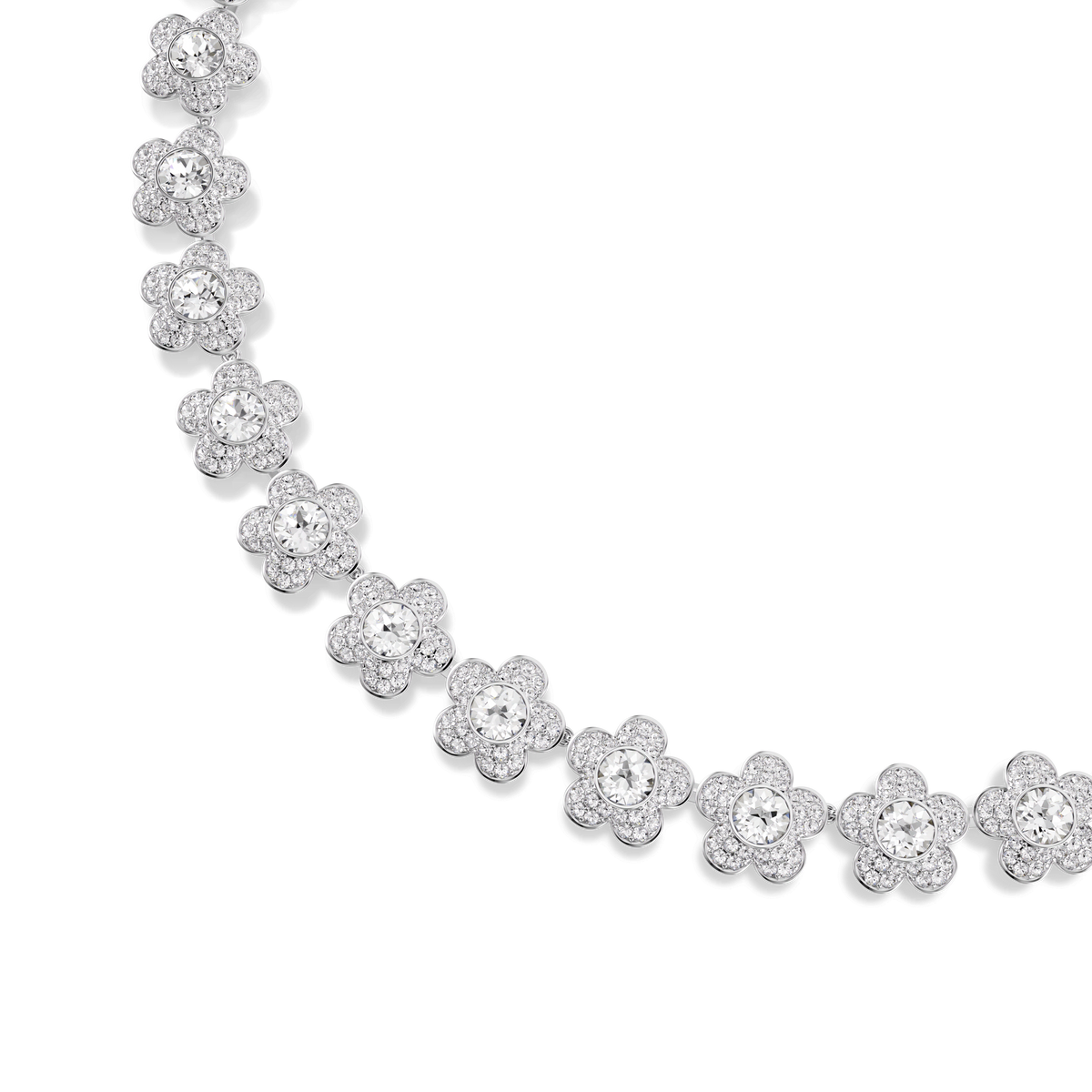 A close-up of the Swarovski Ariana Grande x Swarovski necklace, showcasing round-cut, flower-shaped clusters in a repeating pattern with a sparkling white finish and rhodium plating, set against a white background.