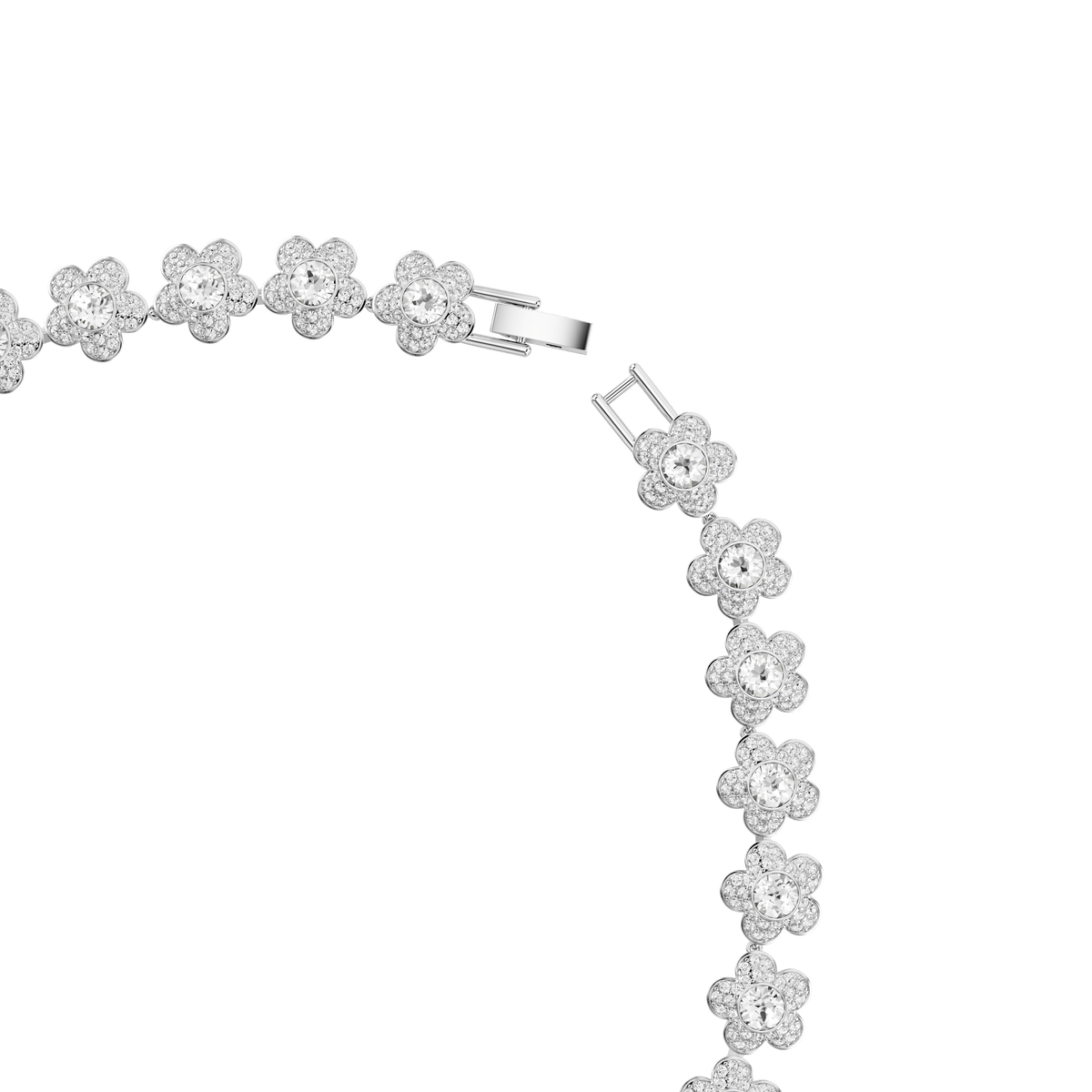 A partial view of the Swarovski Ariana Grande x Swarovski necklace features flower-shaped clusters of round-cut white crystals, each link rhodium plated and reminiscent of a pavé daisy chain, displayed on a white background.