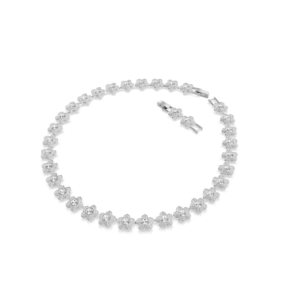 A rhodium-plated necklace from the Swarovski Ariana Grande x Swarovski collection, featuring round-cut, sparkling white crystals arranged in a delicate flower design, displayed in a circular arrangement on a white background.