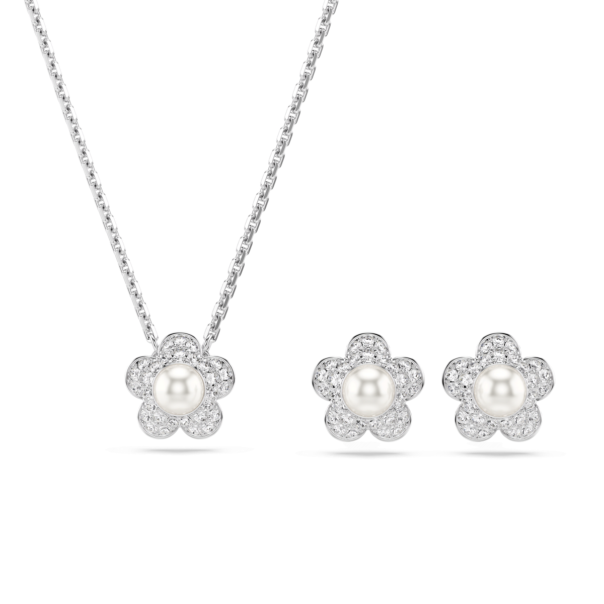 The Swarovski Ariana Grande x Swarovski set features a rhodium-plated crystal pearl flower necklace and matching round-cut stud earrings, each adorned with a central pearl surrounded by sparkling clear stones in an elegant floral motif, beautifully displayed on a white background.