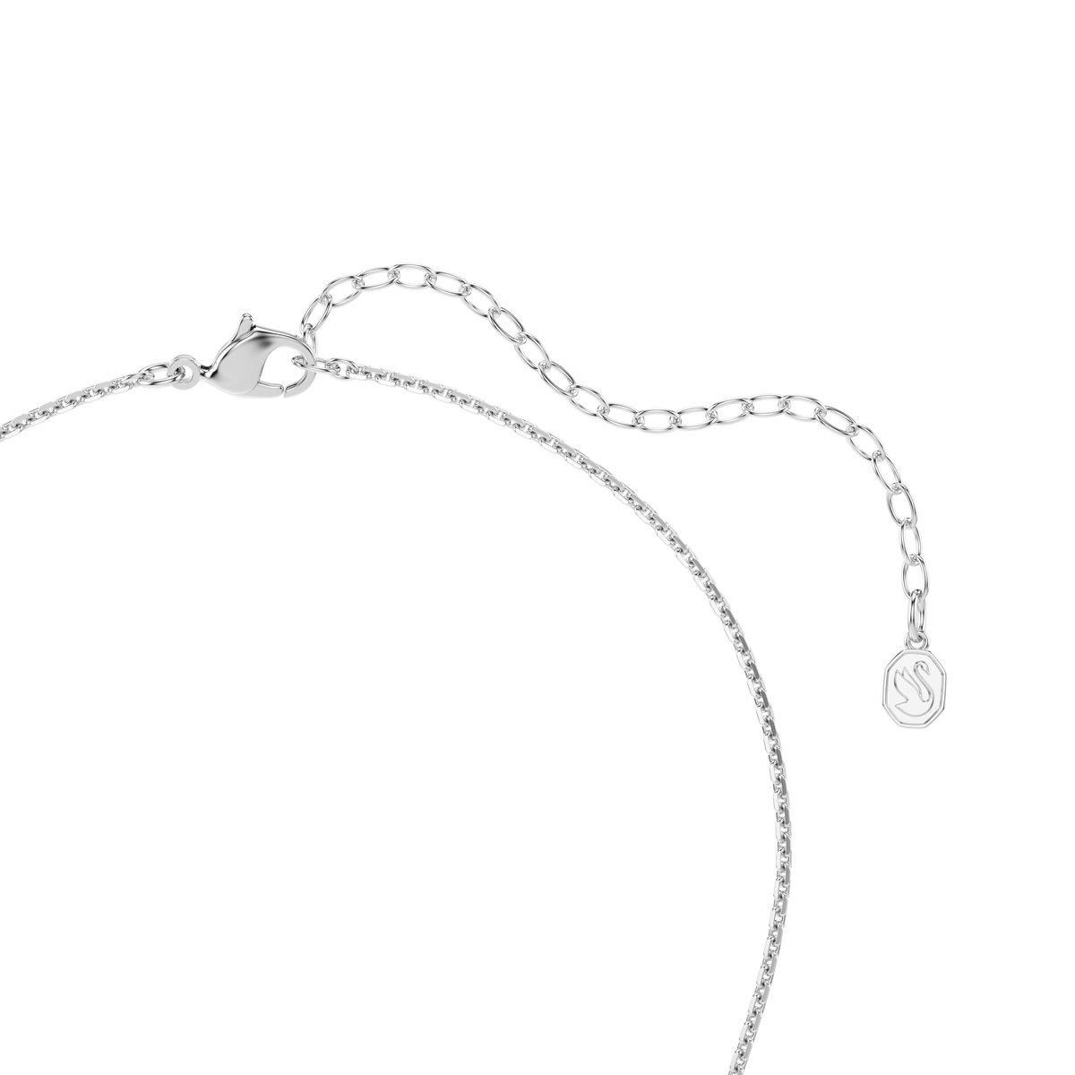 A rhodium plated necklace from Swarovski’s Ariana Grande x Swarovski set, featuring a thin silver chain with an adjustable clasp and a small round-cut crystal pearl flower pendant in white.