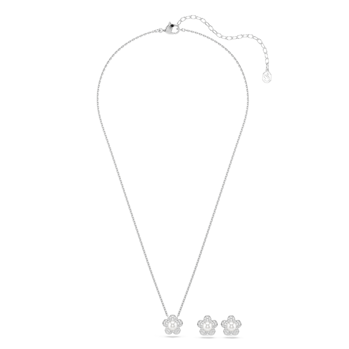 Swarovski Ariana Grande x Swarovski set, featuring a crystal pearl and round-cut flower-shaped pendant with sparkling stones on both the necklace and matching earrings, crafted in white rhodium plate and beautifully displayed against a white background.
