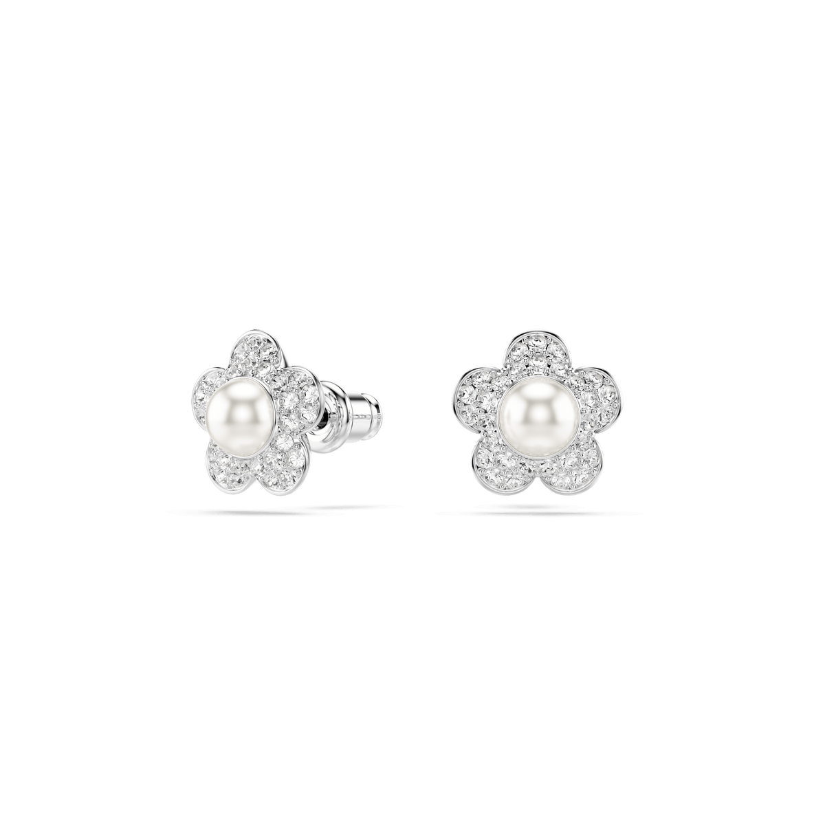 The Swarovski Ariana Grande x Swarovski set features a pair of flower-shaped stud earrings with round-cut crystal petals and luminous crystal pearl centers, all elegantly rhodium plated in a silver-tone finish, showcased on a plain white background.