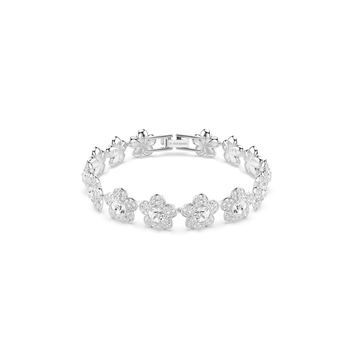 Introducing the Swarovski Ariana Grande x Swarovski bracelet—a rhodium-plated piece featuring round-cut, flower-shaped motifs with dazzling white crystals at the center and sparkling clear gemstones accenting each bloom. This elegant bracelet, shown against a plain white background, adds everyday luxury to any ensemble.