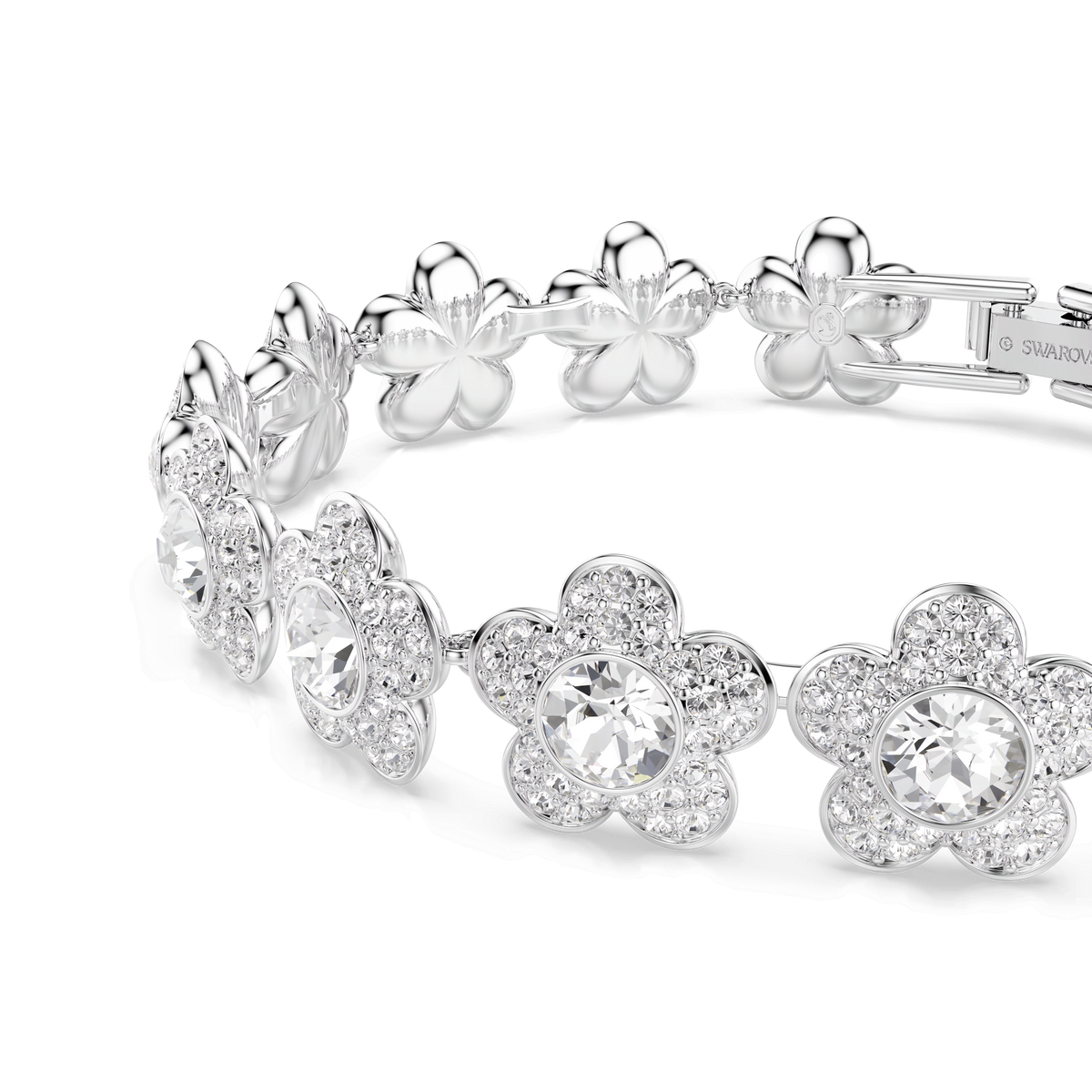 The Swarovski Ariana Grande x Swarovski bracelet features multiple flower-shaped links with round-cut crystals, each centered with a large sparkling crystal. Finished in rhodium plating, this white bracelet exudes everyday luxury and is beautifully presented against a white background.