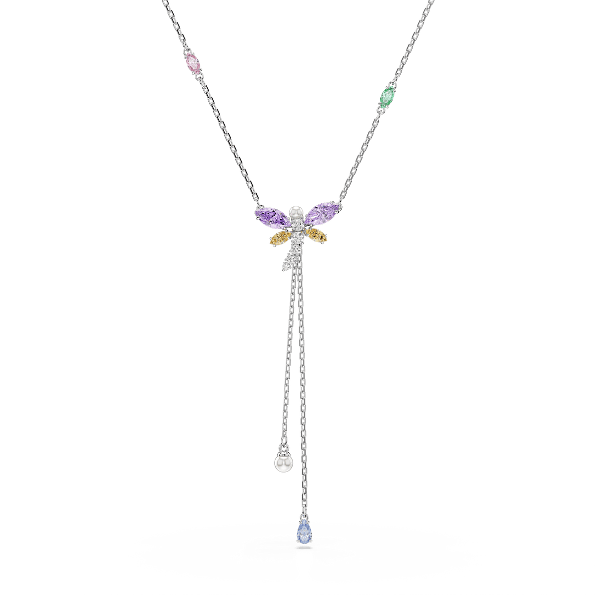 Introducing the Swarovski Ariana Grande x Swarovski Y necklace: this rhodium plated piece features a striking dragonfly motif crafted from mixed-cut, multicolored stones. Sparkling Swarovski Zirconia elements illuminate the wings, while a delicate chain showcases vibrant pink and green gemstones and cascades to a blue teardrop accent—an enchanting statement of elegance from Swarovski.