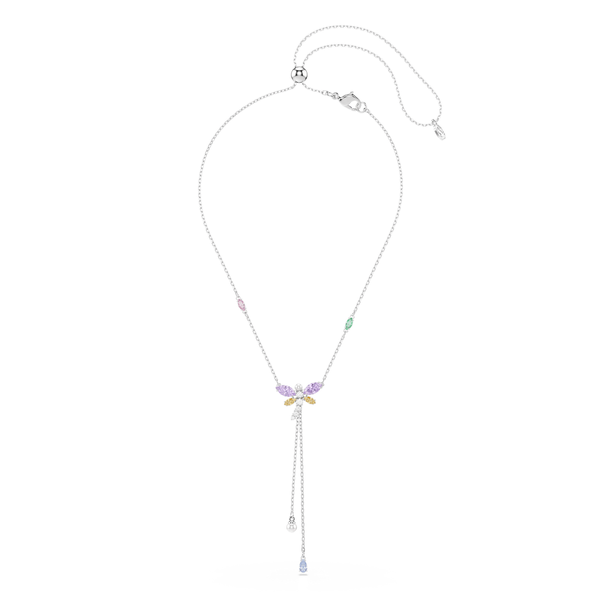 Discover the Swarovski Ariana Grande x Swarovski Y Necklace, a rhodium-plated piece featuring a dragonfly-inspired centerpiece with multicolored mixed-cut stones. This delicate necklace showcases pastel hues and two dangling chains, each tipped with sparkling Swarovski Zirconia teardrop gems, complemented by additional colored stones along the chain for an enchanting and subtly elegant look.