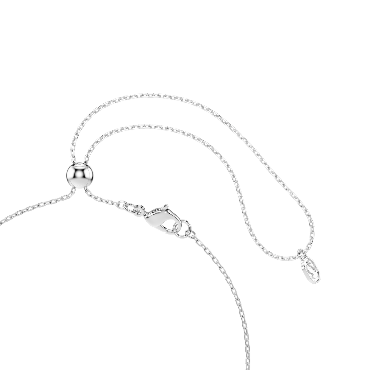 Close-up of the Swarovski Ariana Grande x Swarovski Y necklace, featuring mixed-cut multicolored stones in a dragonfly design with rhodium plating, set against a plain white background.