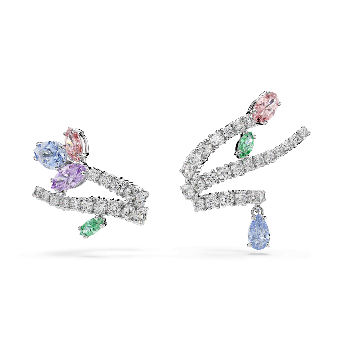 A pair of Swarovski Ariana Grande x Swarovski ear cuffs, featuring mixed cuts and multicolored gemstones set in rhodium plating, displayed against a plain white background.
