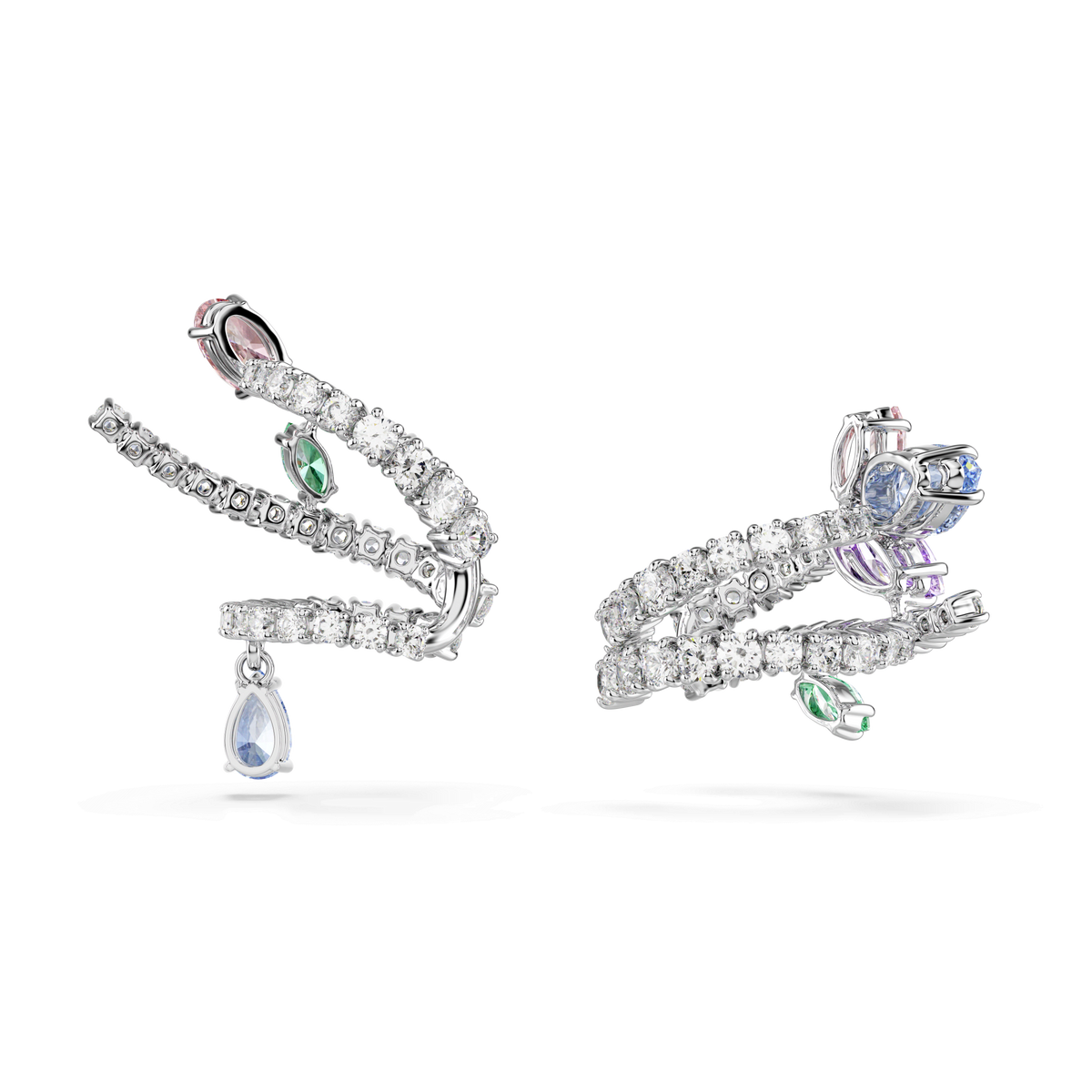 Experience elegance with the Swarovski Ariana Grande x Swarovski ear cuffs, featuring mixed-cut, multicolored gemstones and a rhodium-plated finish. Embellished with sparkling Swarovski Zirconia and showcasing intricate detailing—including a dangling teardrop-shaped gem on one cuff—these ear cuffs add a stylish, contemporary touch reminiscent of designer ear accessories.