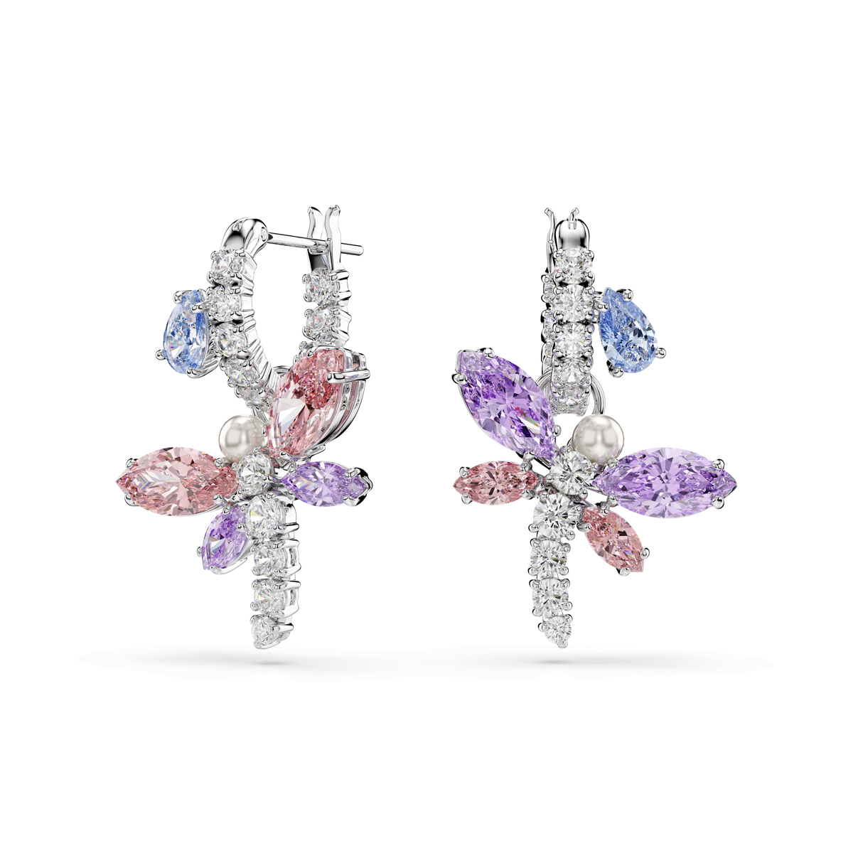 A pair of Swarovski Ariana Grande x Swarovski dragonfly drop earrings, adorned with mixed-cut multicolored gemstones and rhodium plating, displayed on a white background.