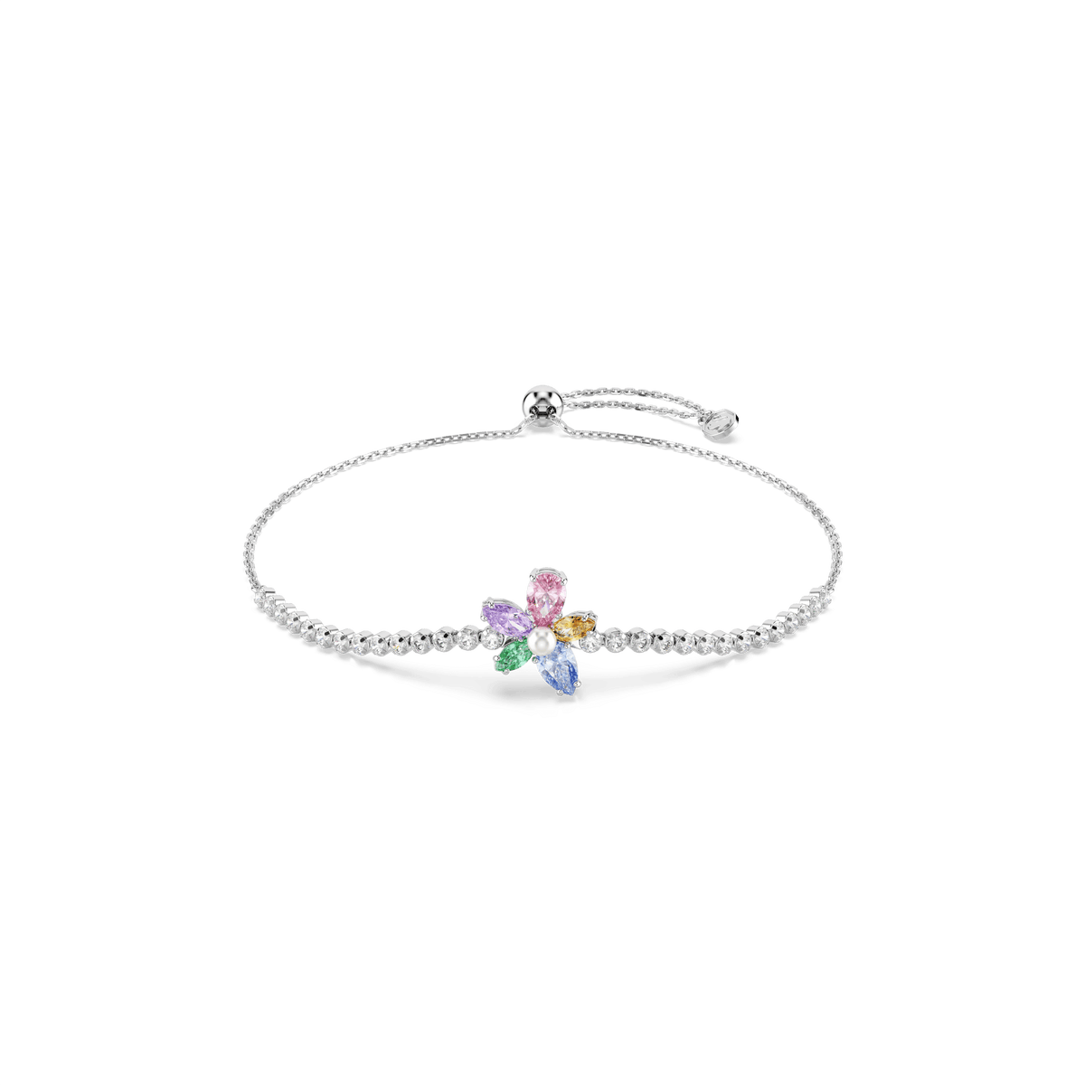 Swarovski Ariana Grande x Swarovski bracelet in rhodium-plated metal, featuring a central flower motif with multicolored mixed-cut gemstones in pink, blue, green, and yellow, and an adjustable beaded chain clasp, displayed on a white background.