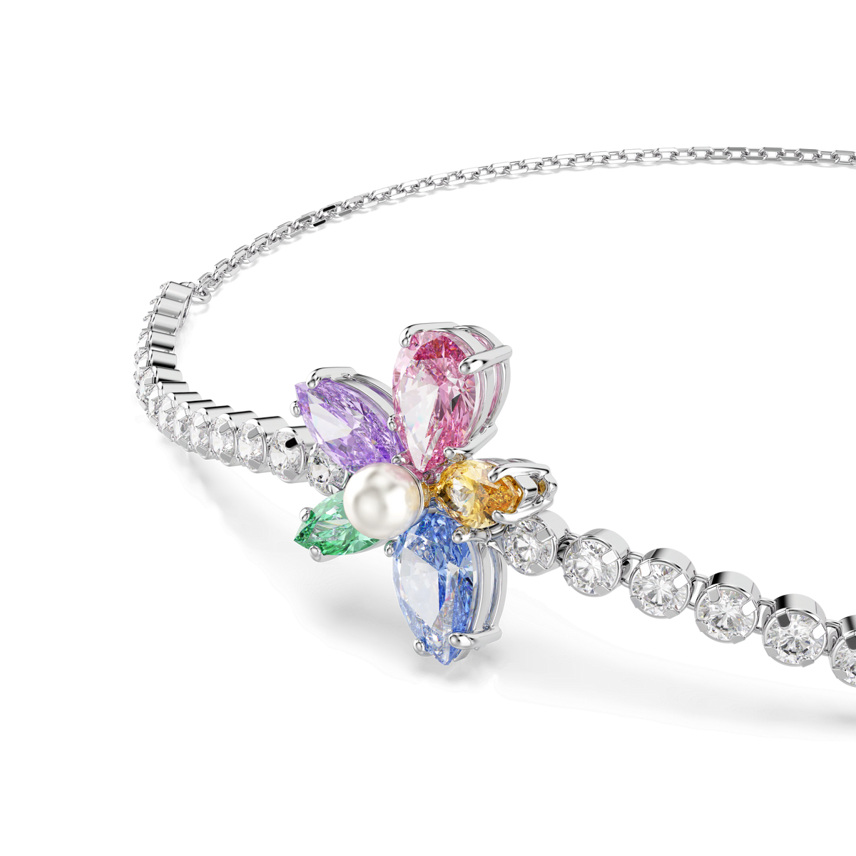 Introducing the Swarovski Ariana Grande x Swarovski bracelet, a rhodium plated piece by Swarovski featuring mixed-cut multicolored crystals arranged in a dazzling row and finished with a vibrant flower motif charm, where pink, purple, yellow, green, and blue petals encircle a luminous white pearl at the center.