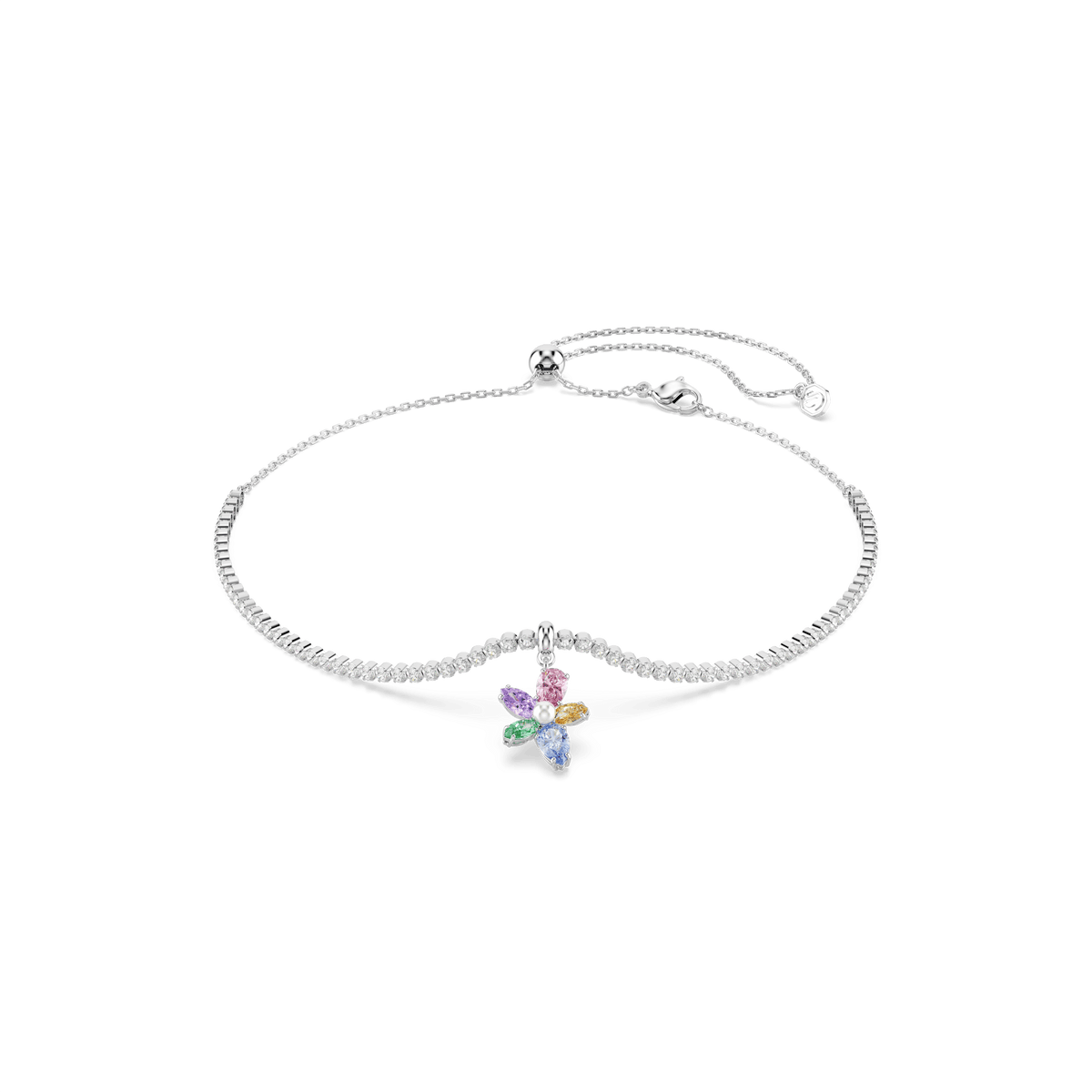 Swarovski Ariana Grande x Swarovski choker, featuring a multicolored flower motif with mixed-cut Swarovski Zirconia gemstones as petals and a clear center stone, showcased on a rhodium-plated chain against a white background.