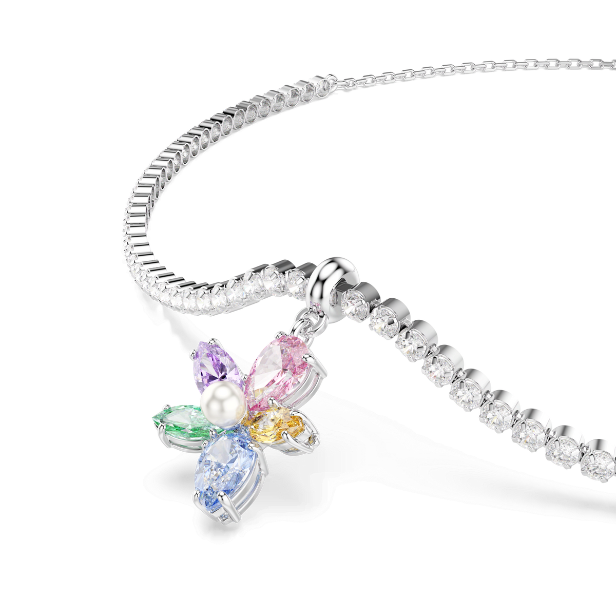Discover the Swarovski Ariana Grande x Swarovski choker: a rhodium plated necklace featuring a flower-shaped pendant with a wildflower motif, embellished with five multicolored gemstones—pink, purple, blue, green, and yellow—and a delicate central pearl. The sparkling choker chain is adorned with round Swarovski Zirconia stones for added brilliance.