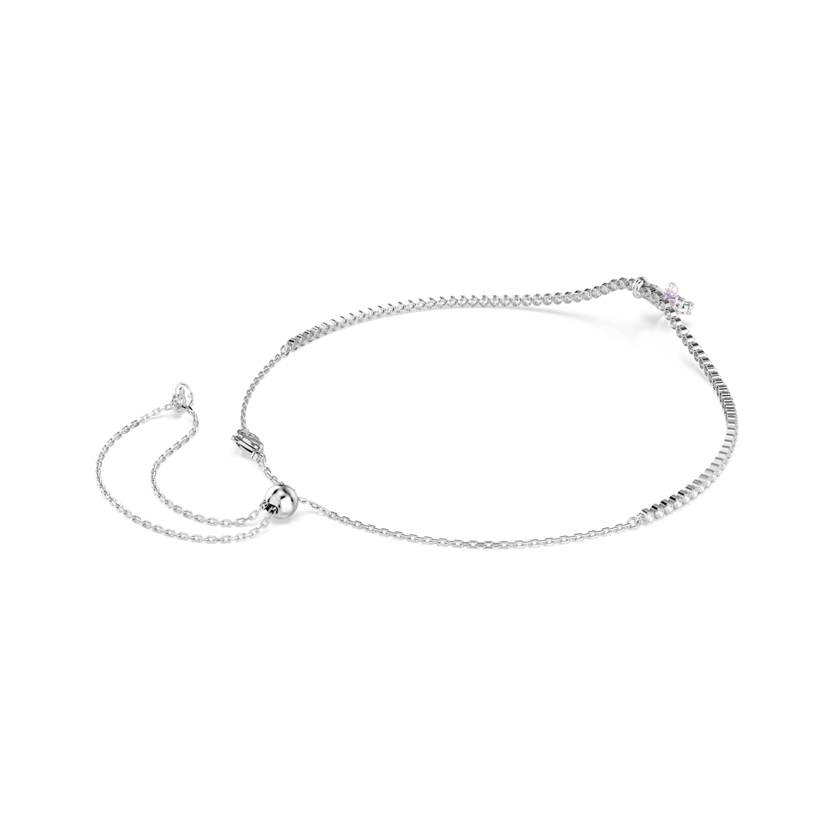 Swarovski Ariana Grande x Swarovski choker, featuring mixed-cut multicolored crystals arranged in a delicate flower design and finished with rhodium plating, is displayed on a white background.