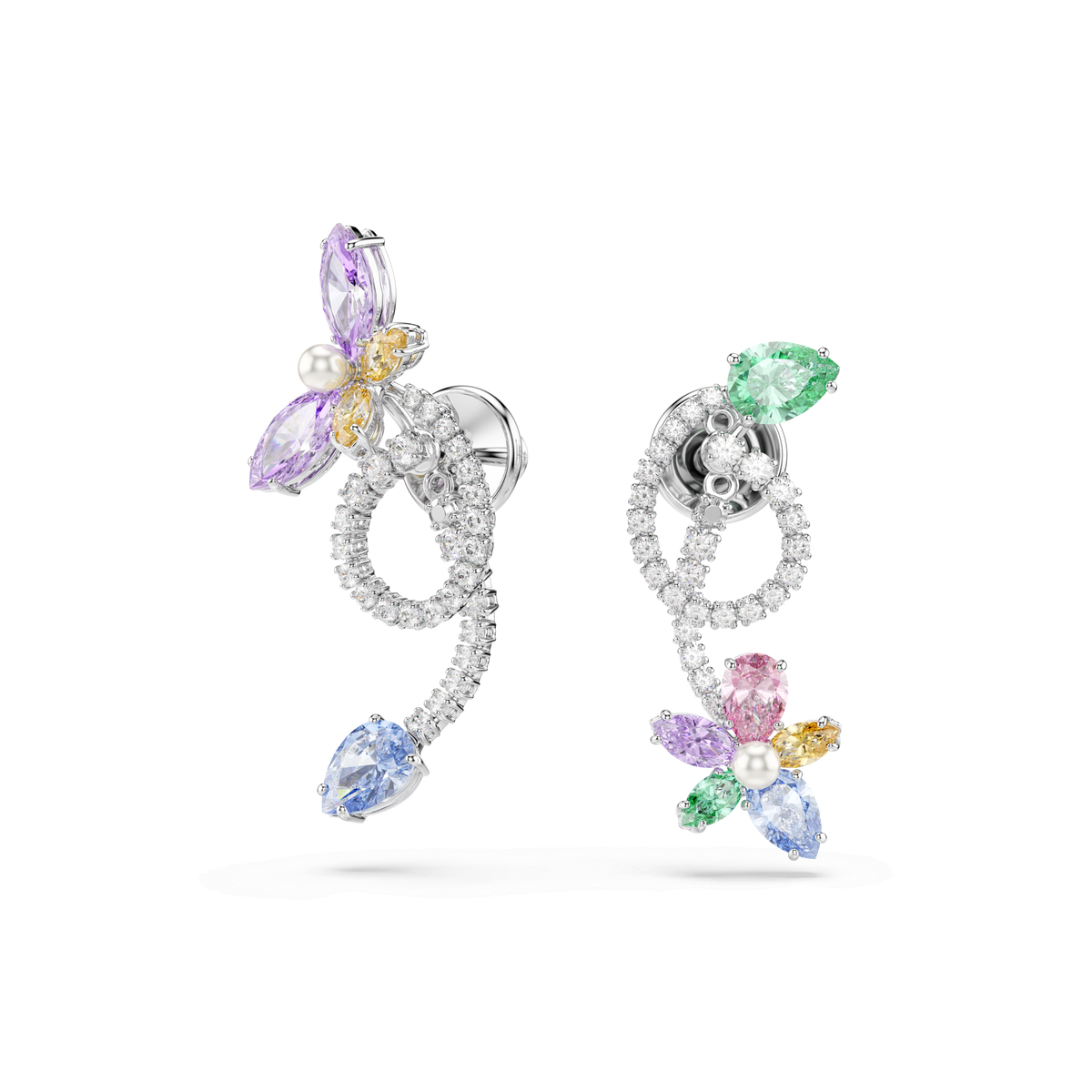 Discover the Swarovski Ariana Grande x Swarovski drop earrings—rhodium plated and featuring a striking dragonfly and flower motif. These ear jackets showcase mixed-cut, marquise-shaped gemstones in purple, blue, green, and yellow hues, beautifully accented with small pearls and curving silver lines for a nature-inspired floral design.