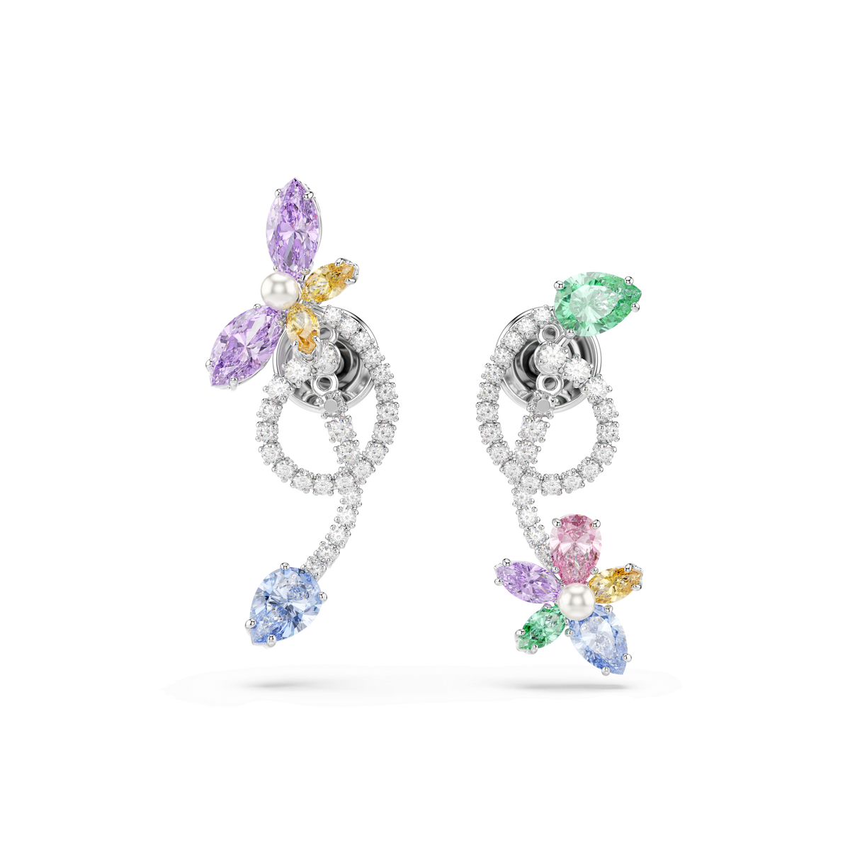 Introducing the Swarovski Ariana Grande x Swarovski drop earrings with ear jacket: a stunning pair of rhodium-plated earrings adorned with mixed-cut gems in pastel shades of purple, blue, pink, yellow, and green. Featuring delicate dragonfly and floral motifs that evoke a spring meadow, these multicolored earrings are embellished with brilliant Swarovski Zirconia accents for an elevated sparkle.