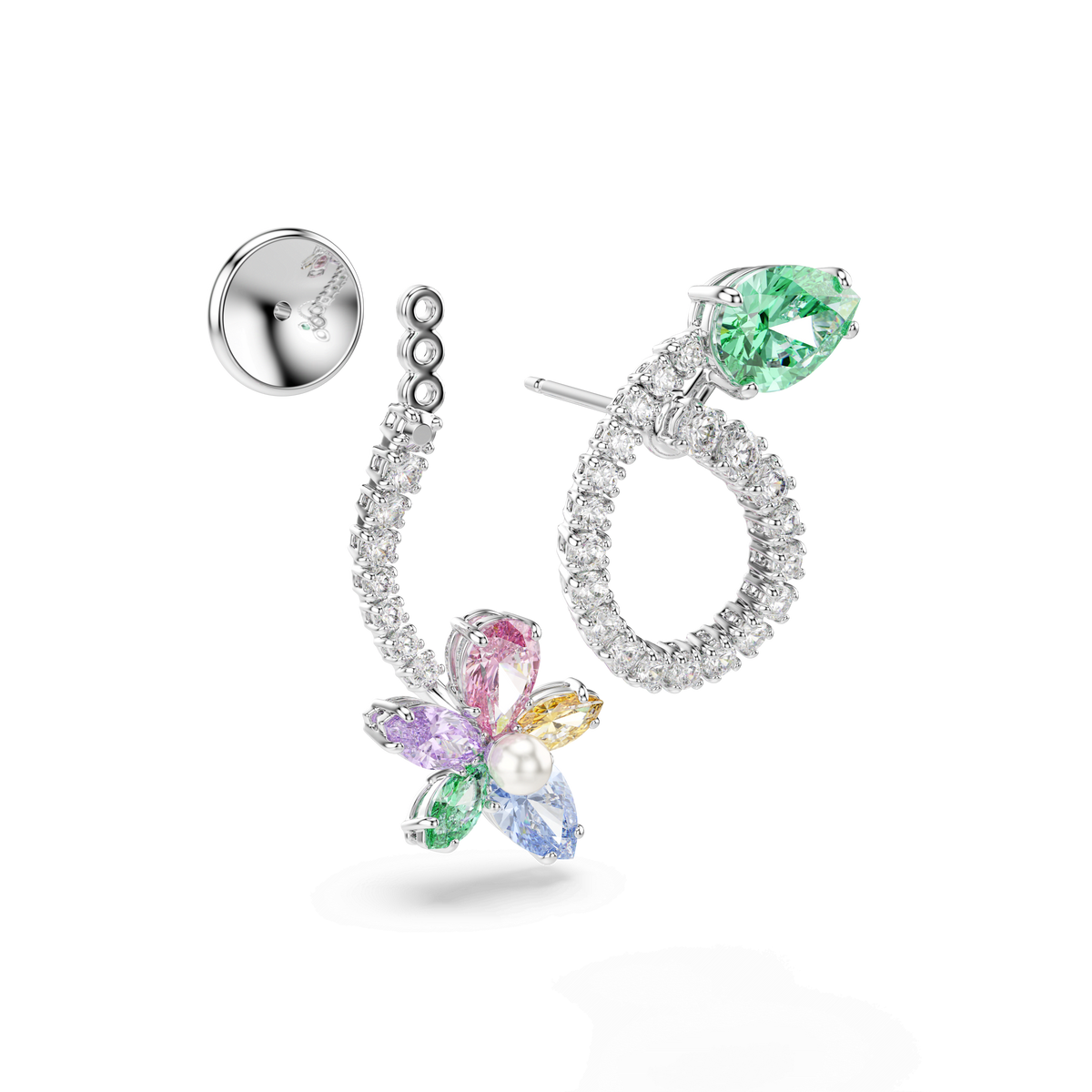 Introducing the Swarovski Ariana Grande x Swarovski drop earrings: these rhodium-plated earrings feature a dazzling mix of cuts, including a curved, diamond-studded hoop with sparkling Swarovski Zirconia, a green teardrop gem, and a multicolored five-petal flower with a pearl center. Inspired by delicate wildflowers and dragonflies, each earring also showcases its detailed back design separately.