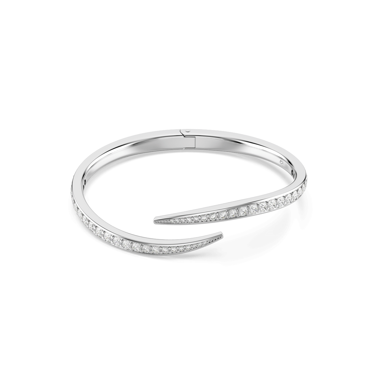 The Swarovski Vienna bangle features a sleek, open design in rhodium plating, with one end subtly overlapping the other and shimmering with round-cut white Swarovski Zirconia along the top. Part of the Vienna Collection, this elegant piece showcases modern sophistication and bears the iconic Swan emblem.