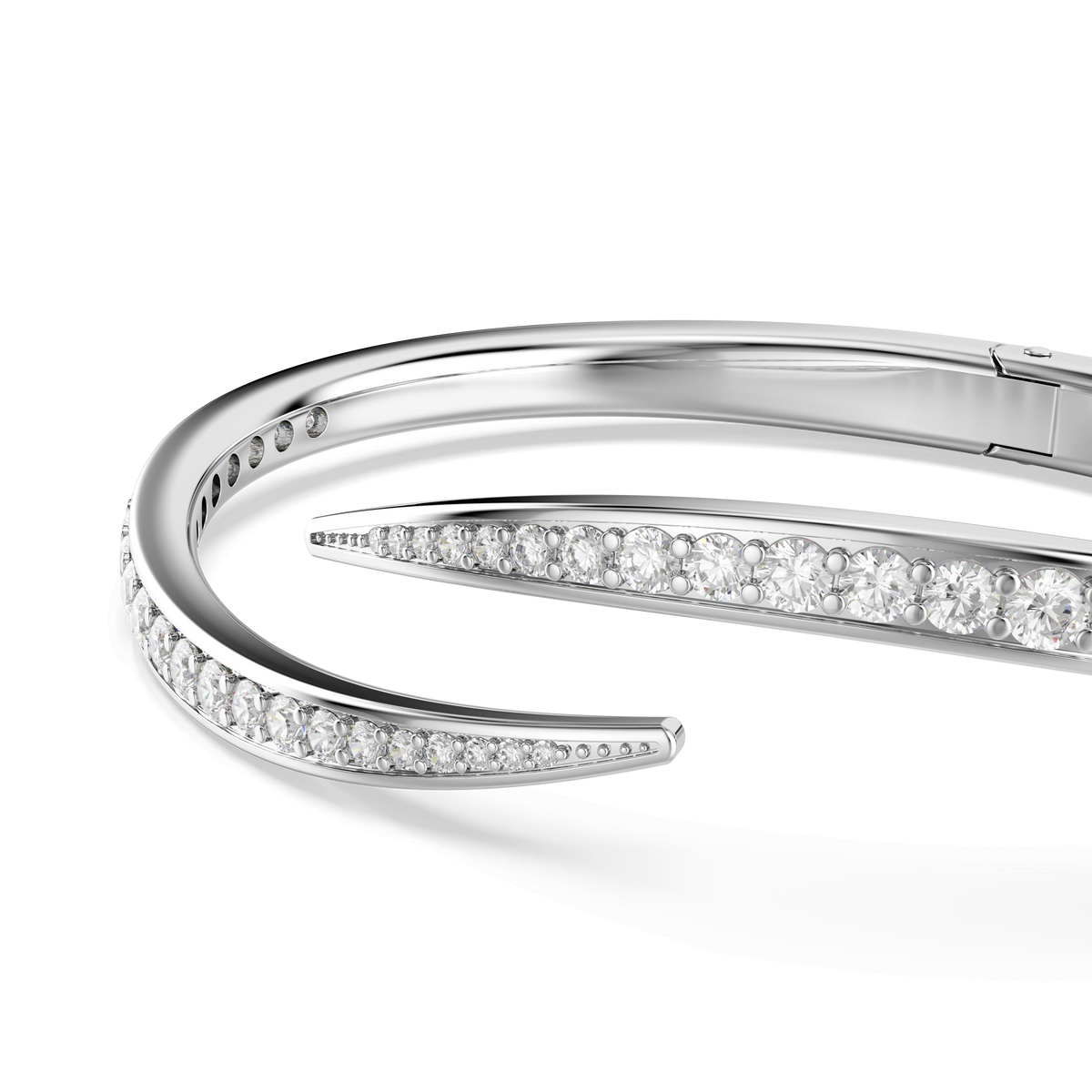 A close-up of the Swarovski Vienna bangle, beautifully rhodium plated and adorned with round-cut Swarovski Zirconia and the iconic swan motif, showcasing its elegant overlapping design.