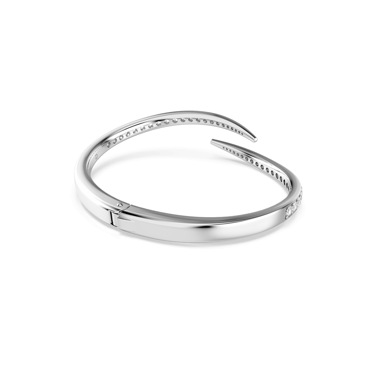 The Swarovski Vienna bangle, crafted in radiant rhodium plating and adorned with round-cut Swarovski Zirconia along the inner edge, features a swan motif and a hinge clasp. It is elegantly displayed on a white background.