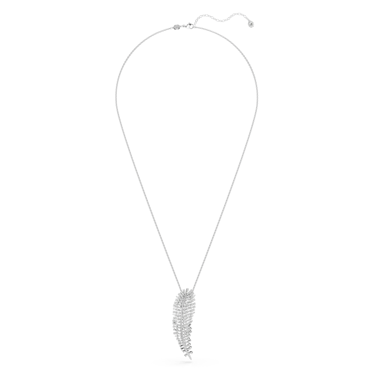 Introducing the Swarovski Vienna pendant and brooch from the Vienna Collection—a stunning feather-shaped piece crafted with mixed cut, sparkling white Swarovski Zirconia stones and finished with elegant rhodium plating. This versatile accessory features a delicate chain and an adjustable clasp, embodying the timeless sophistication of feather jewelry by Swarovski.